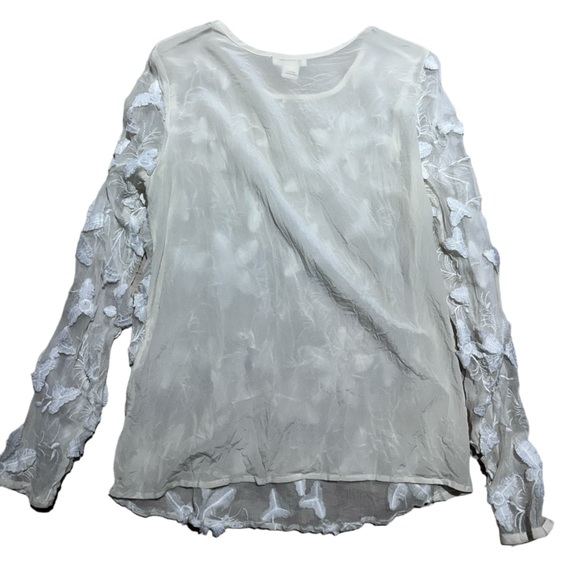 Sundance Silk Floral Appliqué Top Long Sleeve Sheer Silk Shirt White Ivory - Picture 2 of 4